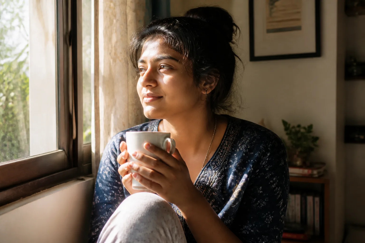 A woman in casual clothes sitting by a sunlit window, holding a warm cup, looking calm and thoughtful.