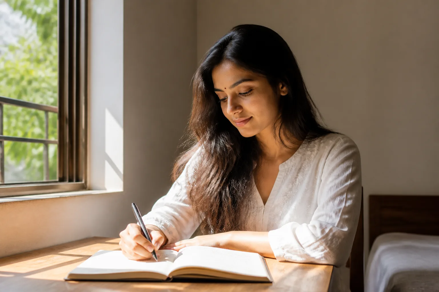 A young woman sits by a bright window, writing thoughtfully in a notebook, with warm natural light illuminating her face.