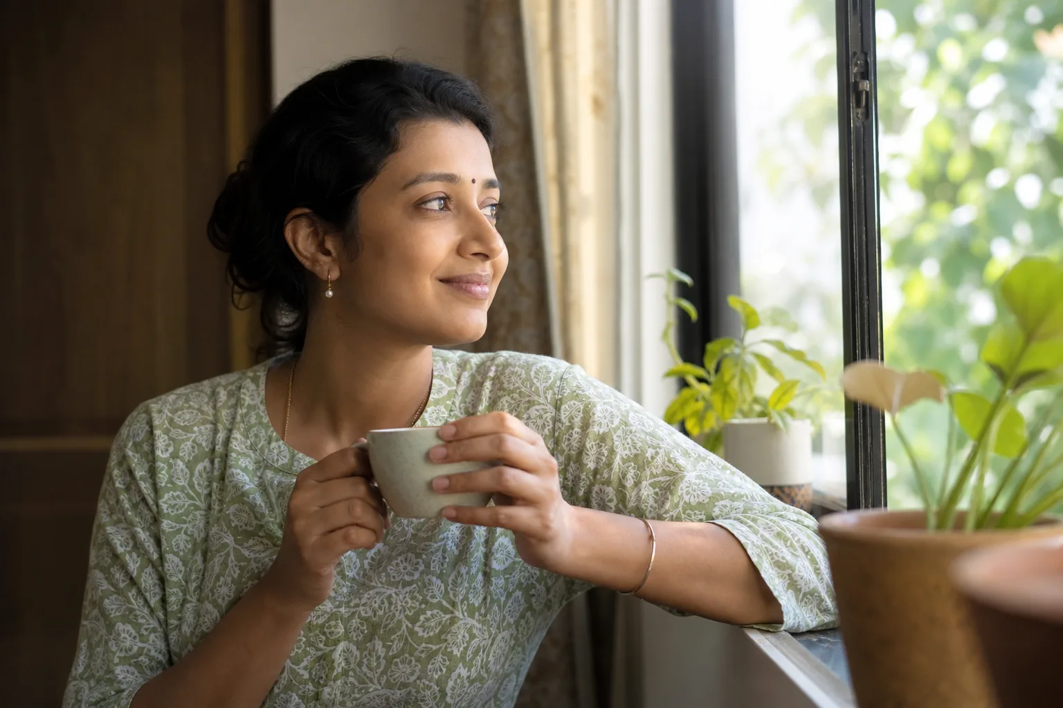 Indian woman sitting by a sunlit window at home holding a cup of tea, looking out calmly