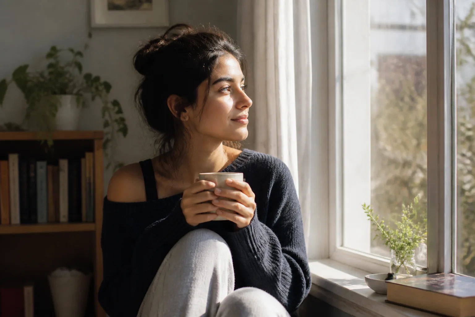 Woman holding a tea cup by a sunlit window, looking peaceful and reflective in her home.