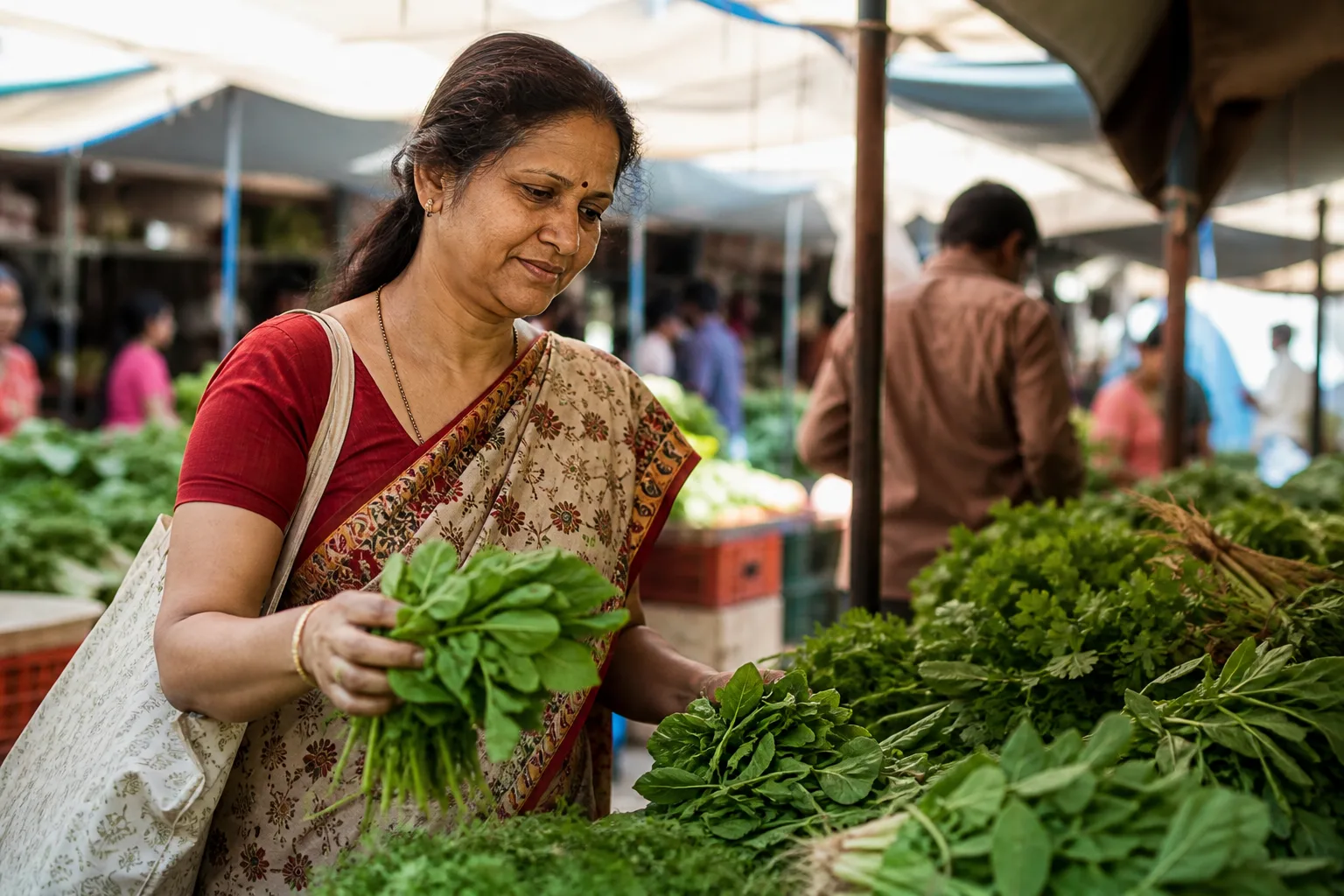 Indian woman choosing leafy greens at a vegetable market stall in the morning
