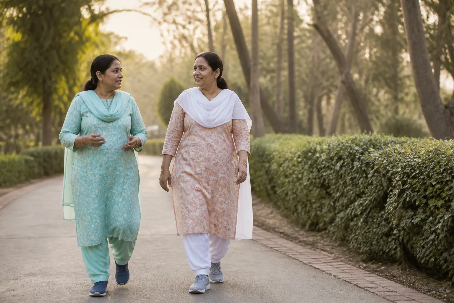 Two Indian women in their 50s walking briskly on a park path at sunrise